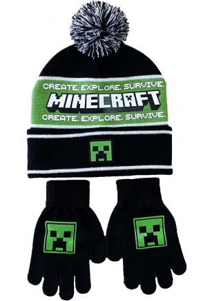 TUQUE MINECRAFT CREEPER FACE + GANTS COMBO SET  (NEUF)